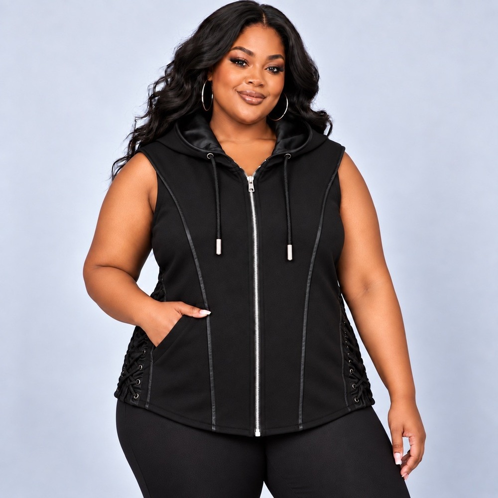 Ashley Stewart Women's Sport Sleeveless Full Zip Satin Hoodie Black 2X Plus